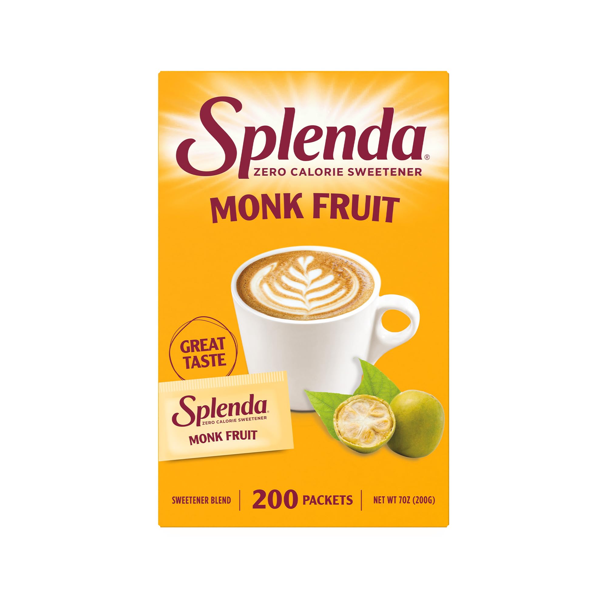 Packaging for SPLENDA Monk Fruit Zero Calorie highlighting diabetes-suitable option.