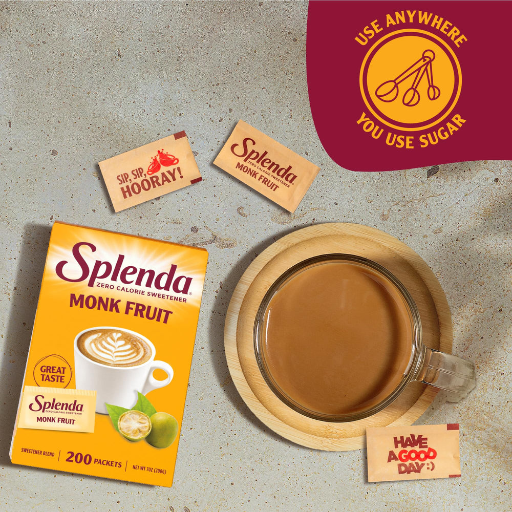 Kitchen shelf showing SPLENDA Monk Fruit Zero Calorie for easy storage.