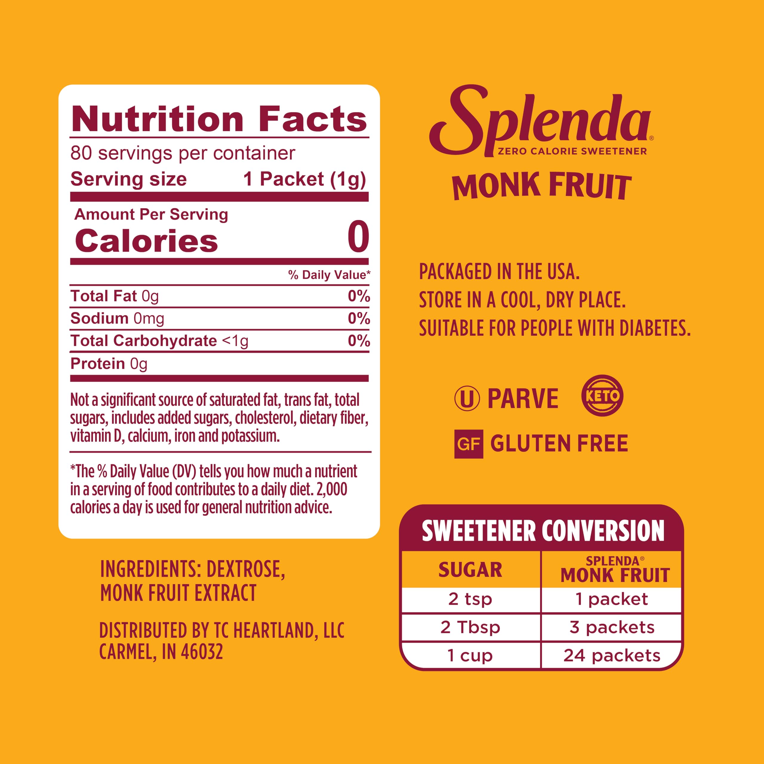 SPLENDA Monk Fruit zero-calorie tub label close-up showing calorie-free sweetness for drinks.
