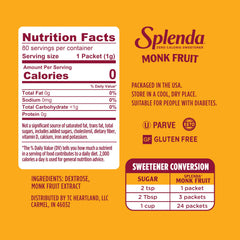 SPLENDA Monk Fruit zero-calorie tub label close-up showing calorie-free sweetness for drinks.