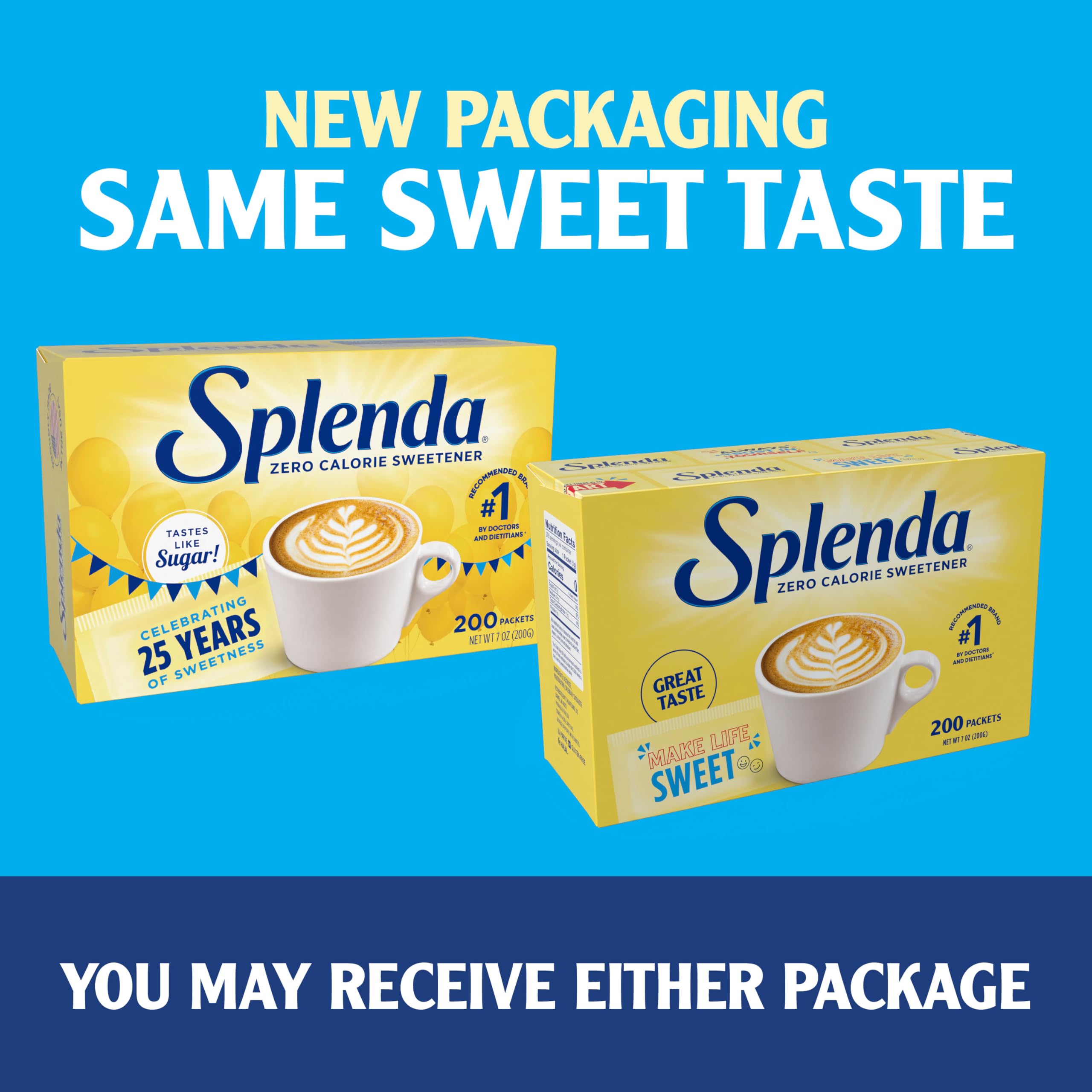 SPLENDA packaging closeup shows modern design and convenience.