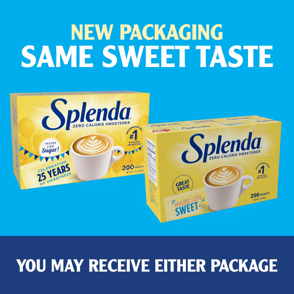 SPLENDA packaging closeup shows modern design and convenience.