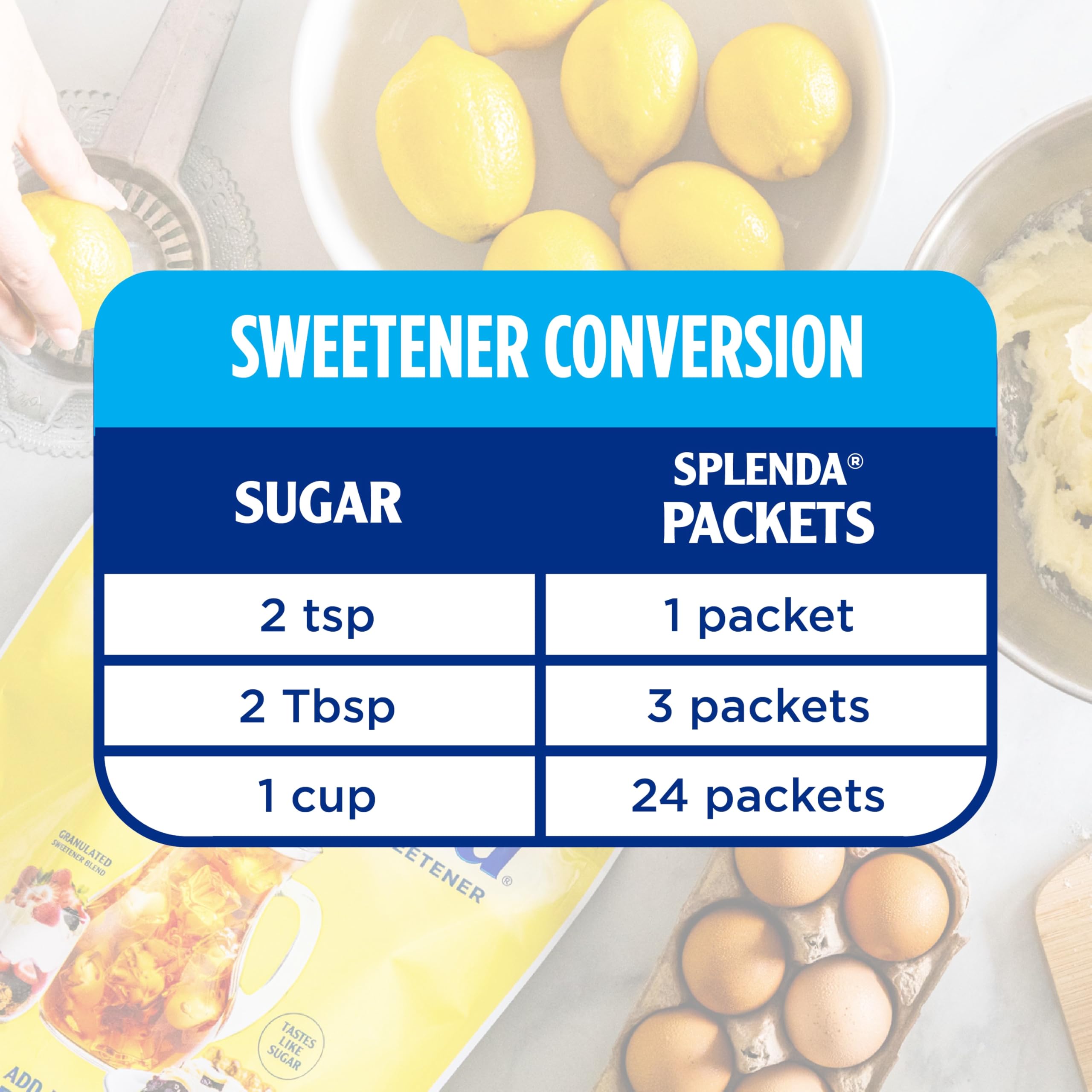 SPLENDA packets stacked on a kitchen counter showing zero carb sweetness.