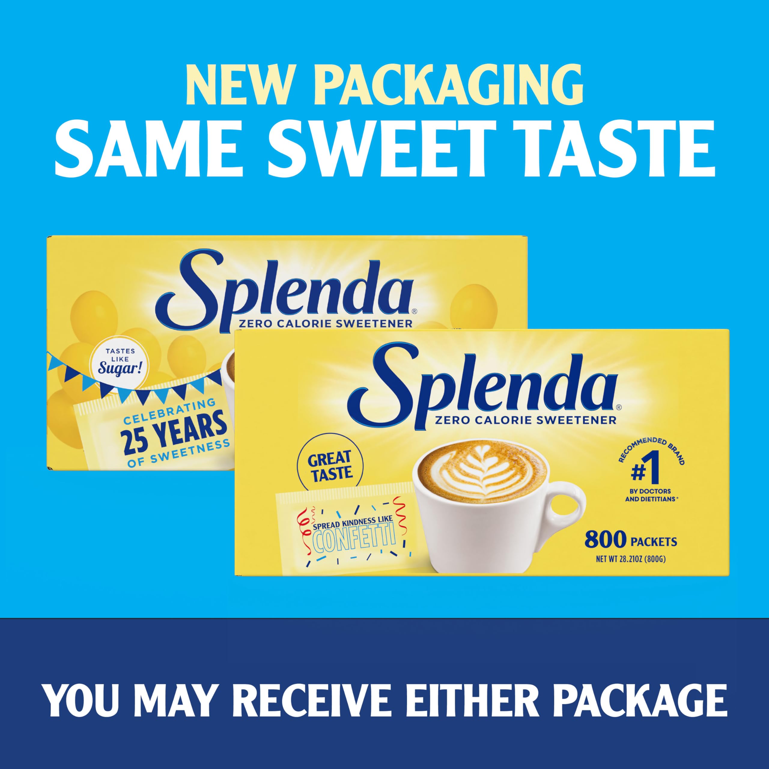 SPLENDA packets beside a teacup ideal for flavorful tea without extra sugar.