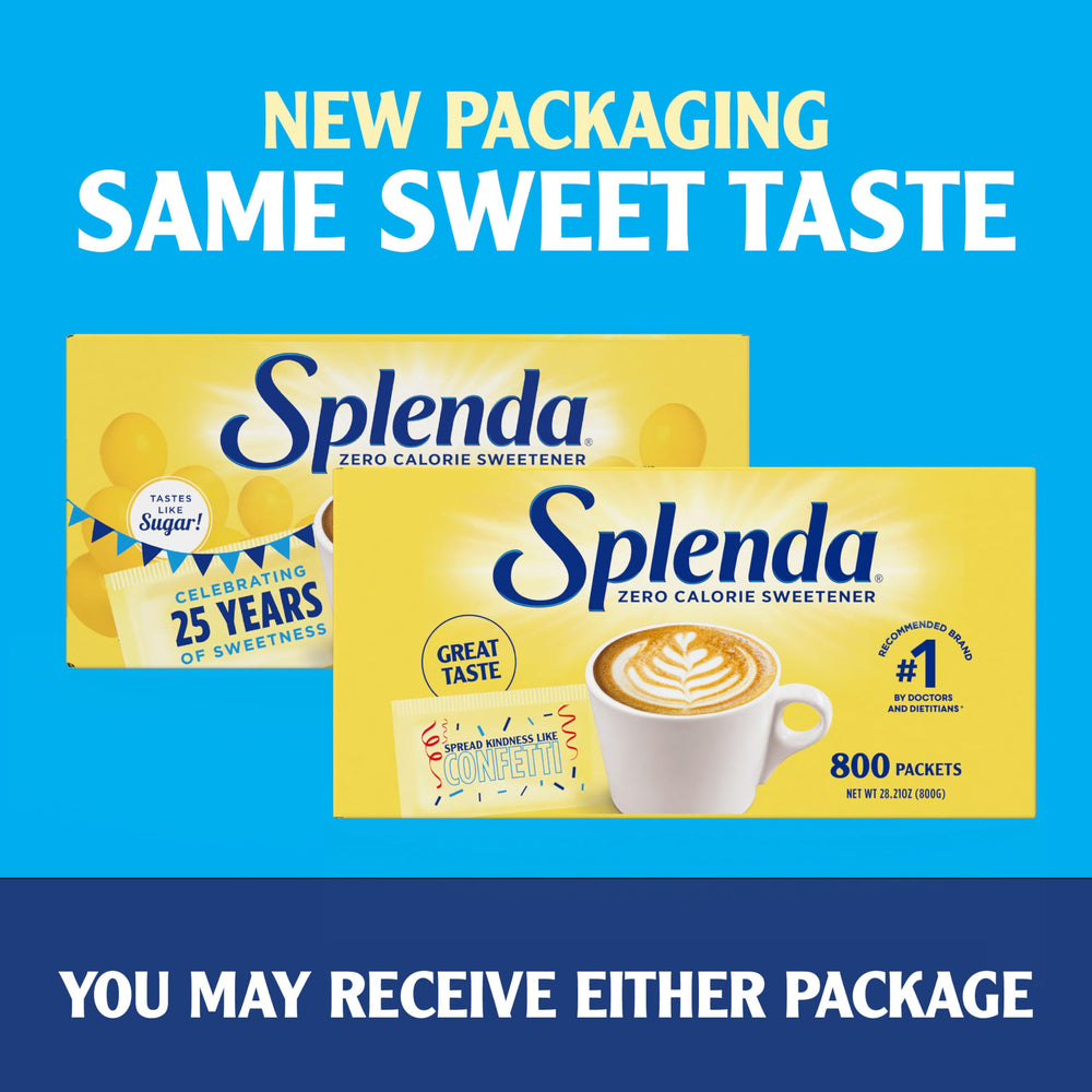 SPLENDA packets beside a teacup ideal for flavorful tea without extra sugar.