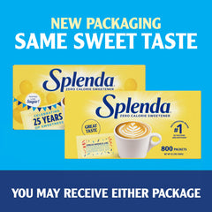 SPLENDA packets beside a teacup ideal for flavorful tea without extra sugar.