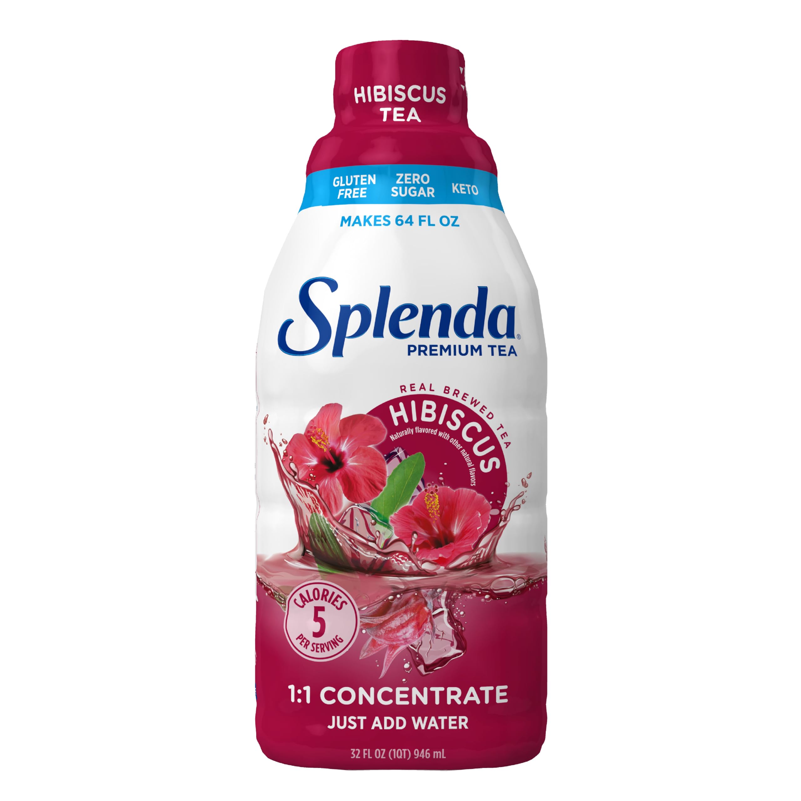 SPLENDA Premium Hibiscus Tea concentrate bottle pours for a quick zero-sugar refreshment.
