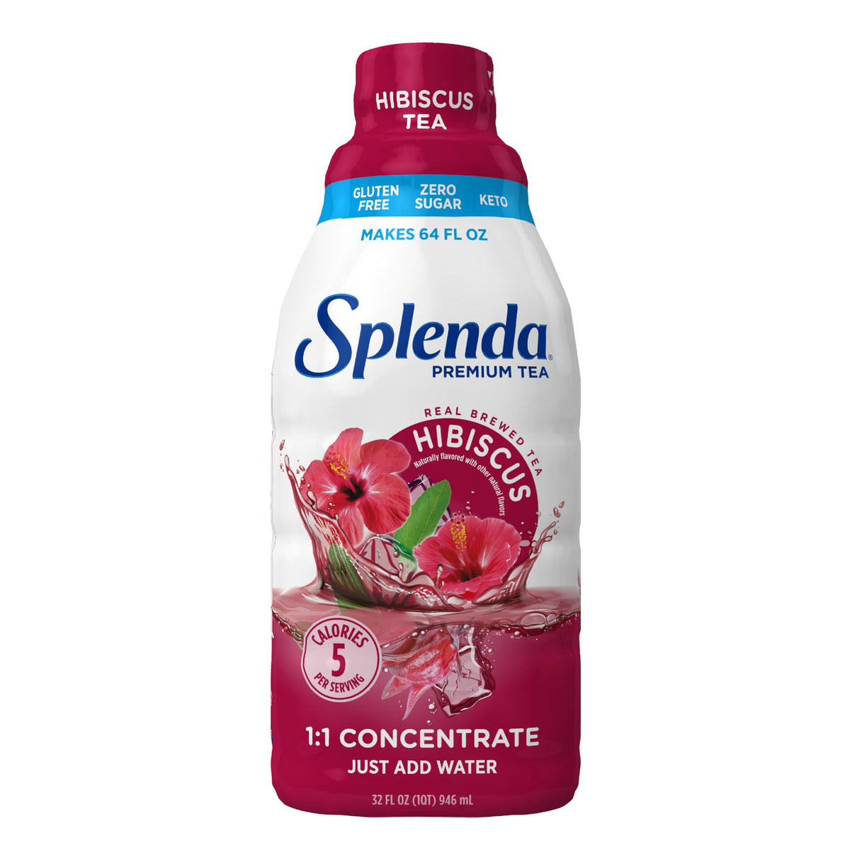 SPLENDA Premium Hibiscus Tea concentrate bottle pours for a quick zero-sugar refreshment.