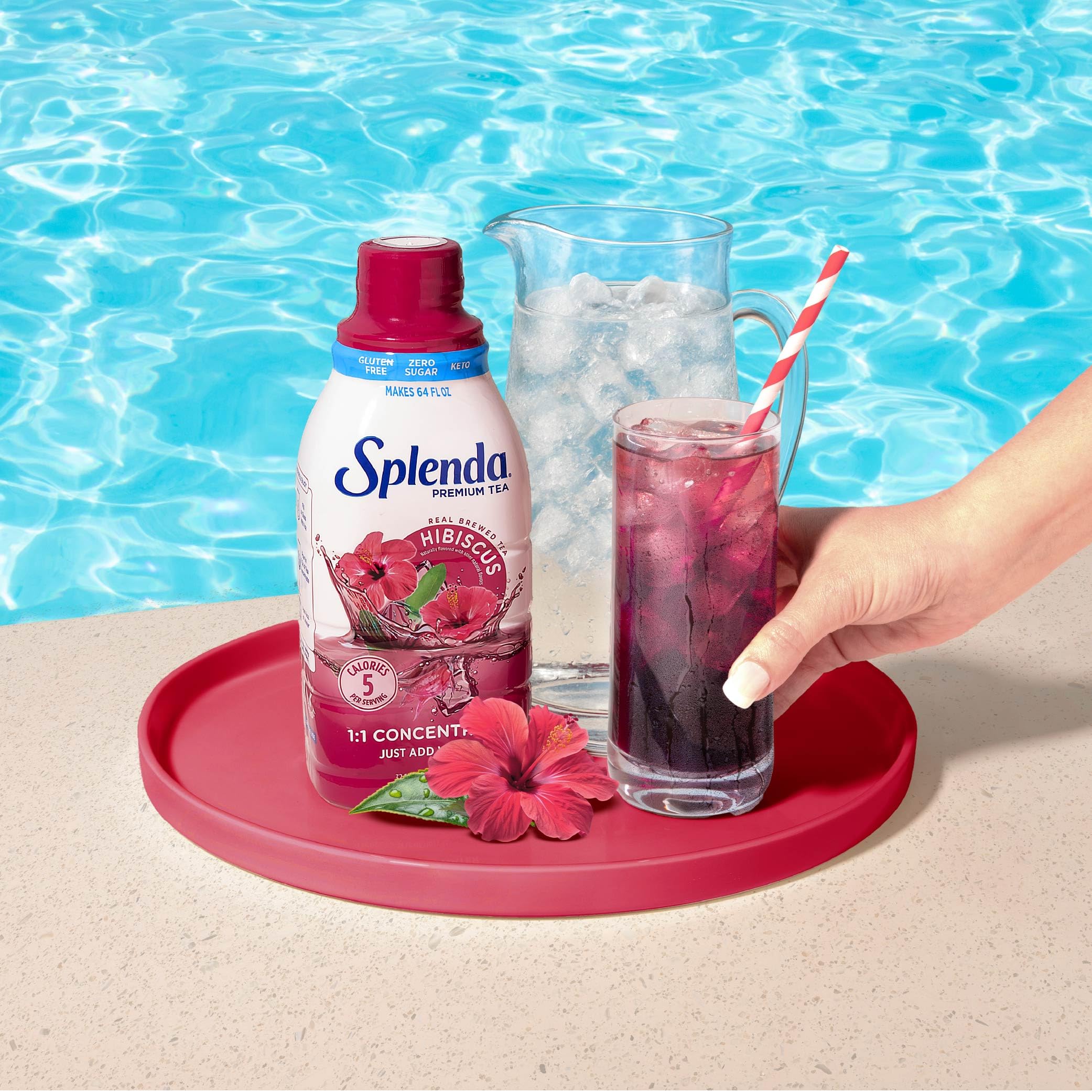SPLENDA Premium Hibiscus Tea bottle beside icons reinforces diet-friendly, diabetes-conscious choices.