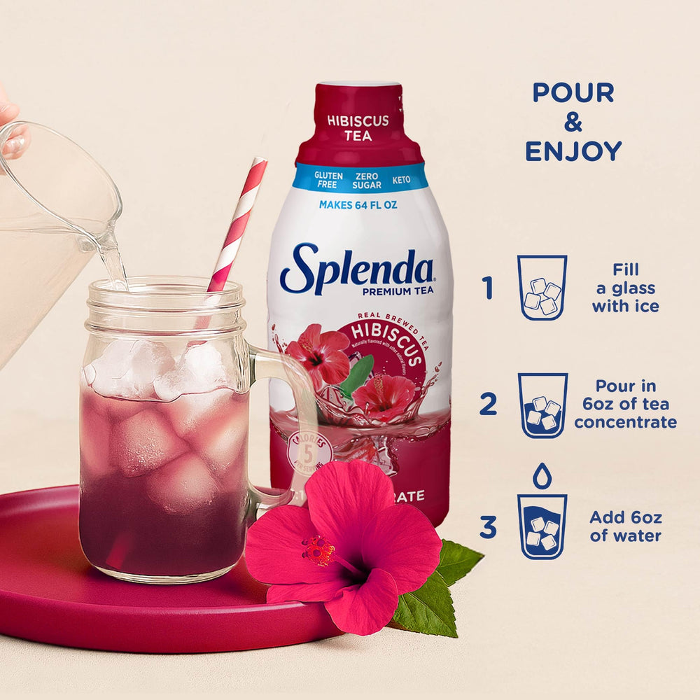 SPLENDA Premium Hibiscus Tea glass over ice highlights instant thirst-quenching potential.