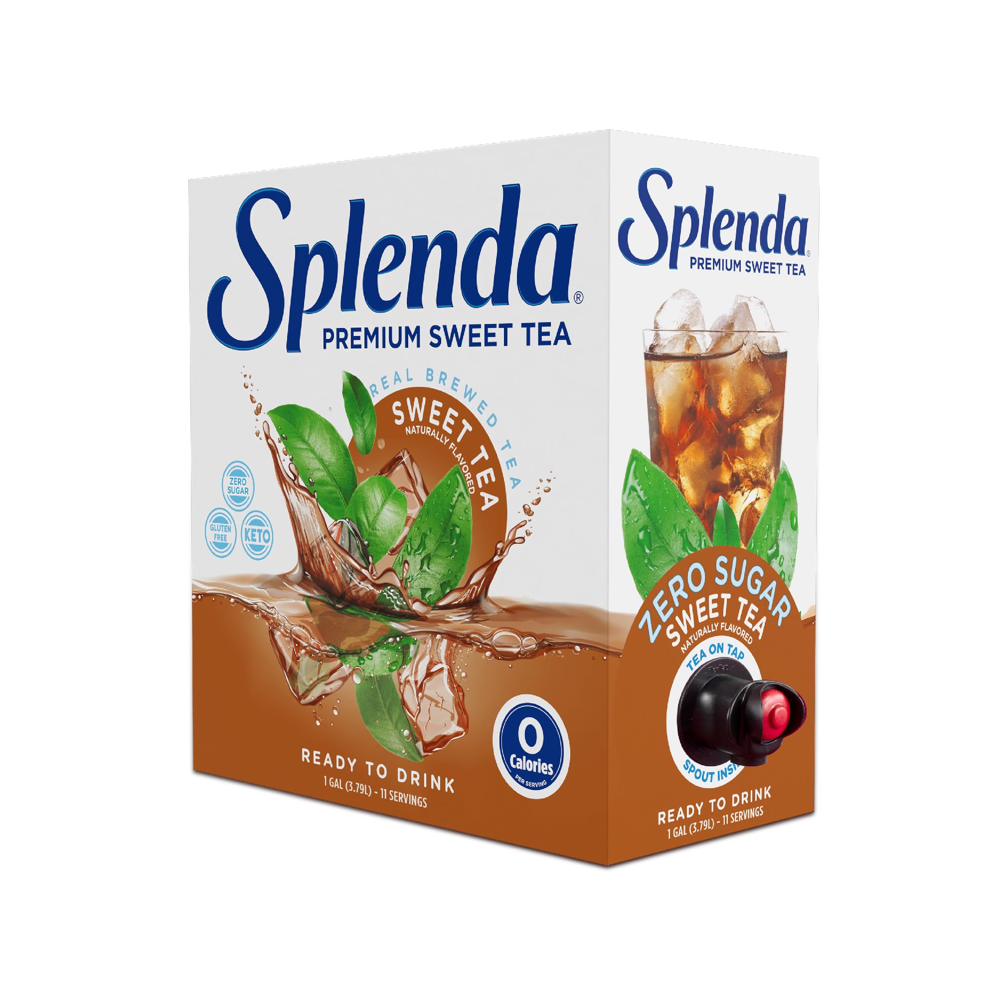 SPLENDA Premium Sweet Tea On Tap bottle front shows zero-calorie refreshment for any time.