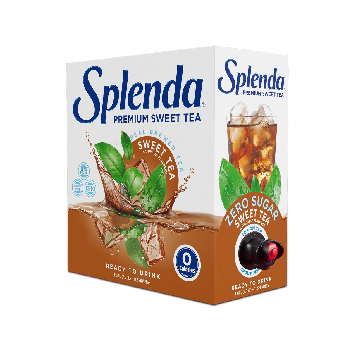 SPLENDA Premium Sweet Tea On Tap bottle front shows zero-calorie refreshment for any time.