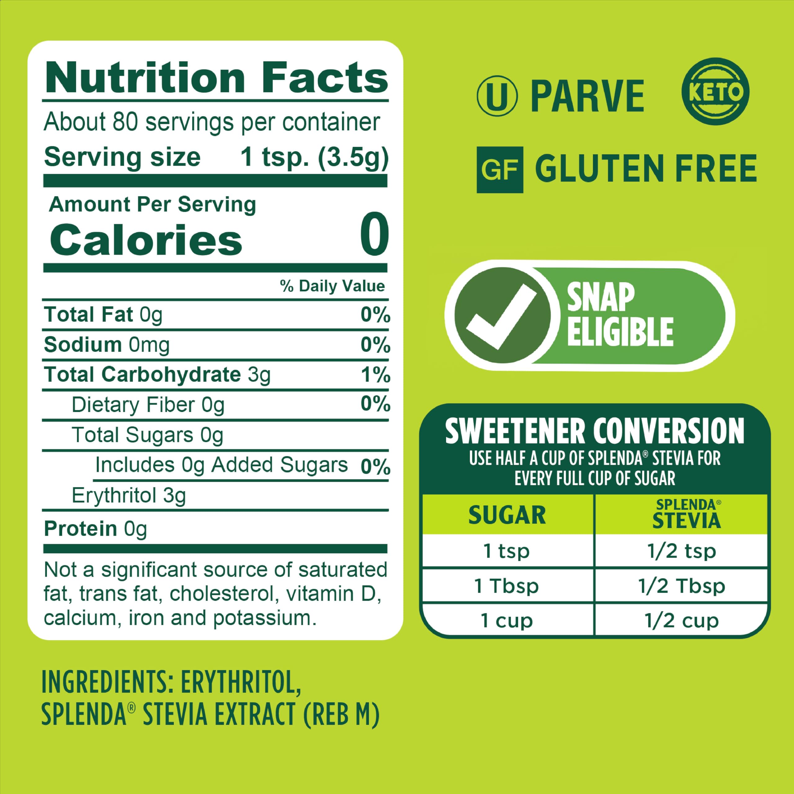 SPLENDA Stevia bag with measuring spoon highlights easy sugar replacement in recipes
