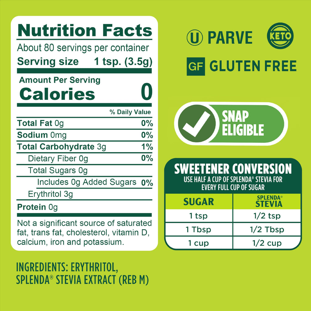 SPLENDA Stevia bag with measuring spoon highlights easy sugar replacement in recipes