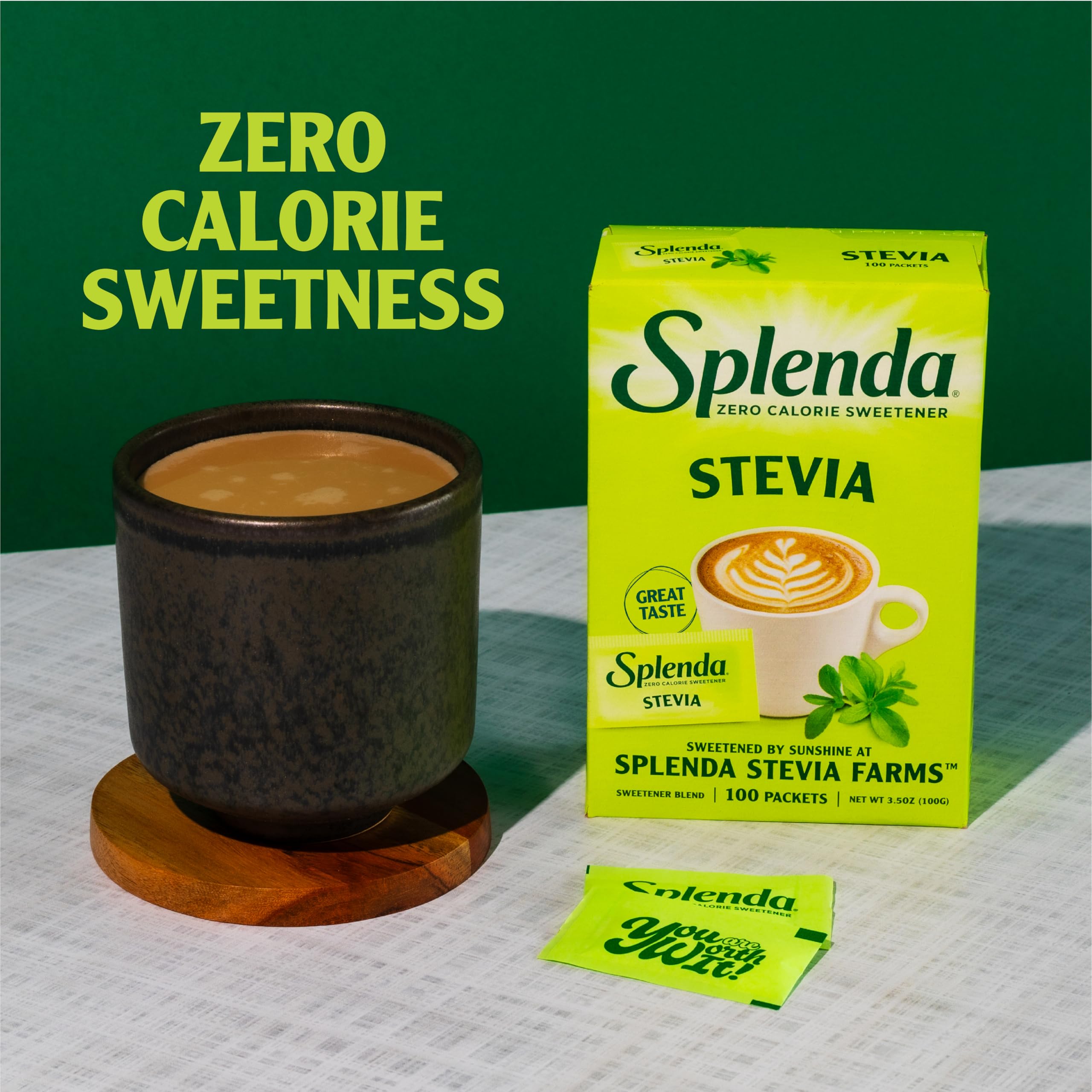 SPLENDA Stevia farm-grown label emphasizes natural plant sourcing.