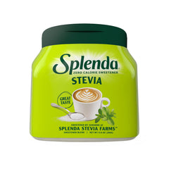 SPLENDA Stevia granulated powder jar shows zero-calorie sweetness for everyday use