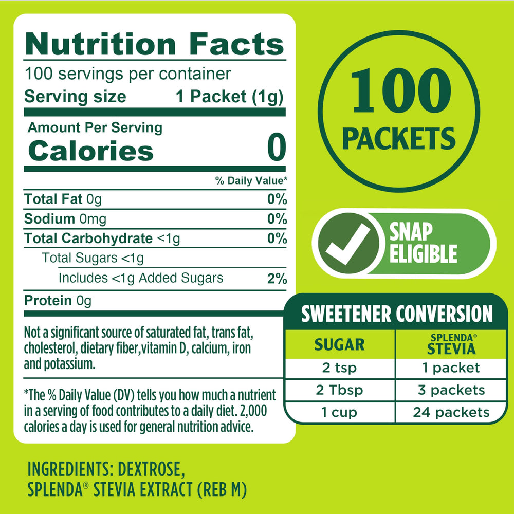 SPLENDA Stevia packaging box shown for everyday kitchen sweetening.