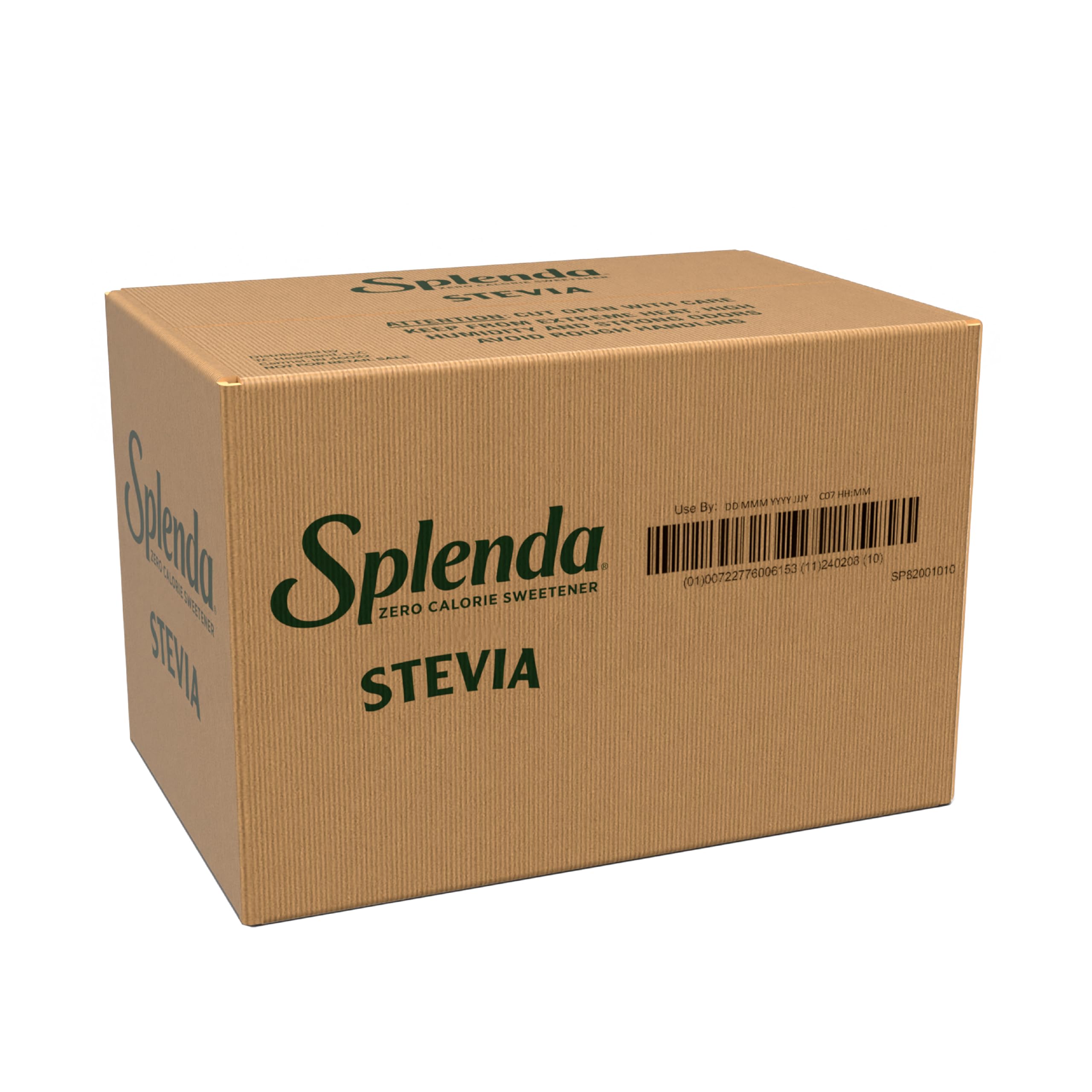SPLENDA Stevia packets closeup, zero-calorie sweetness for beverages.
