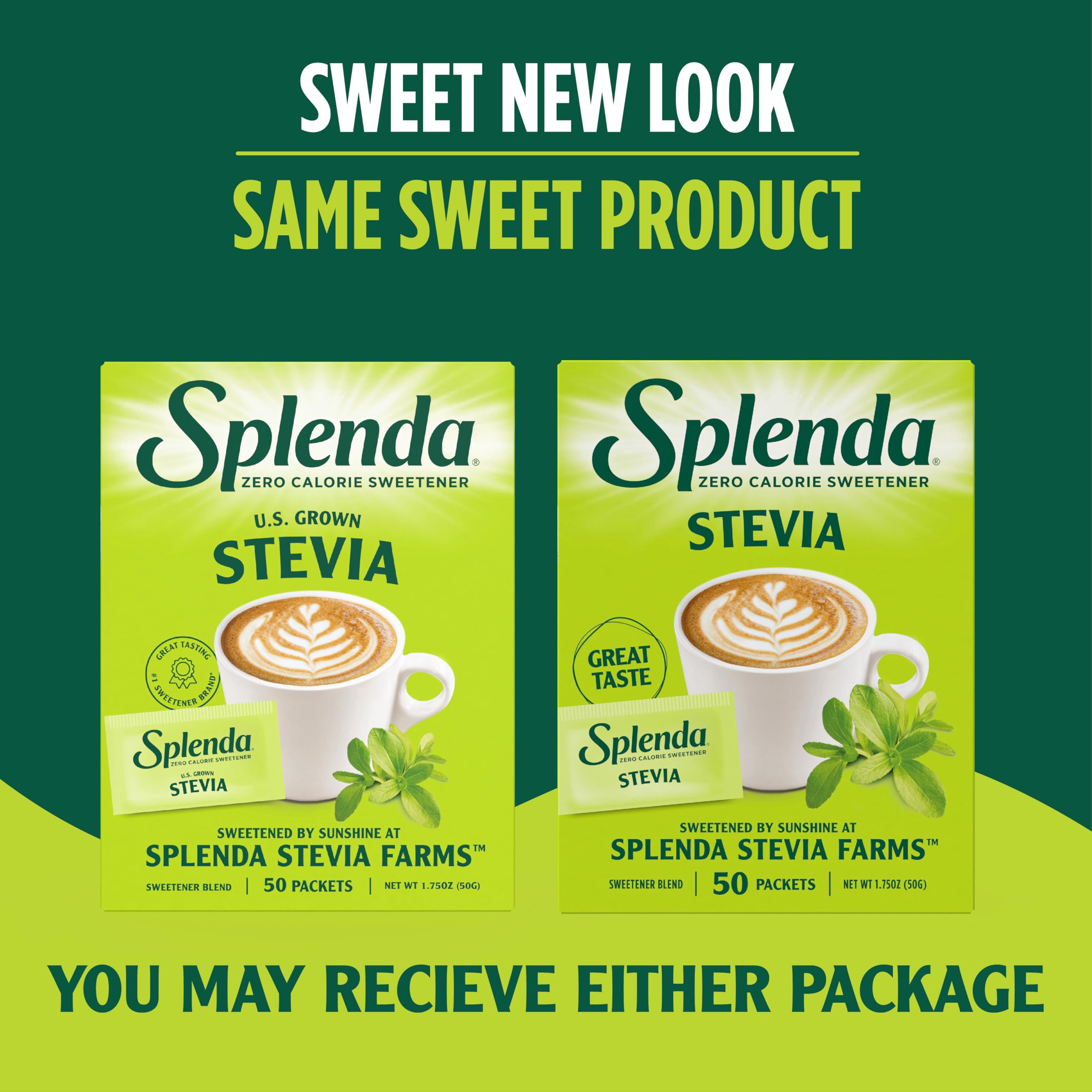 SPLENDA Stevia packets in coffee cup offer zero‑calorie sweetness.