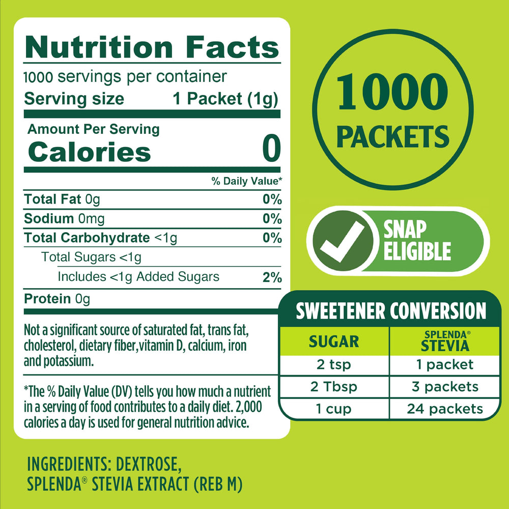 SPLENDA Stevia packets on table, convenient single-serve sugar substitute.