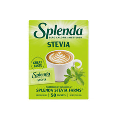 SPLENDA Stevia packets packaging shows zero‑calorie sugar substitute for on‑the‑go use.