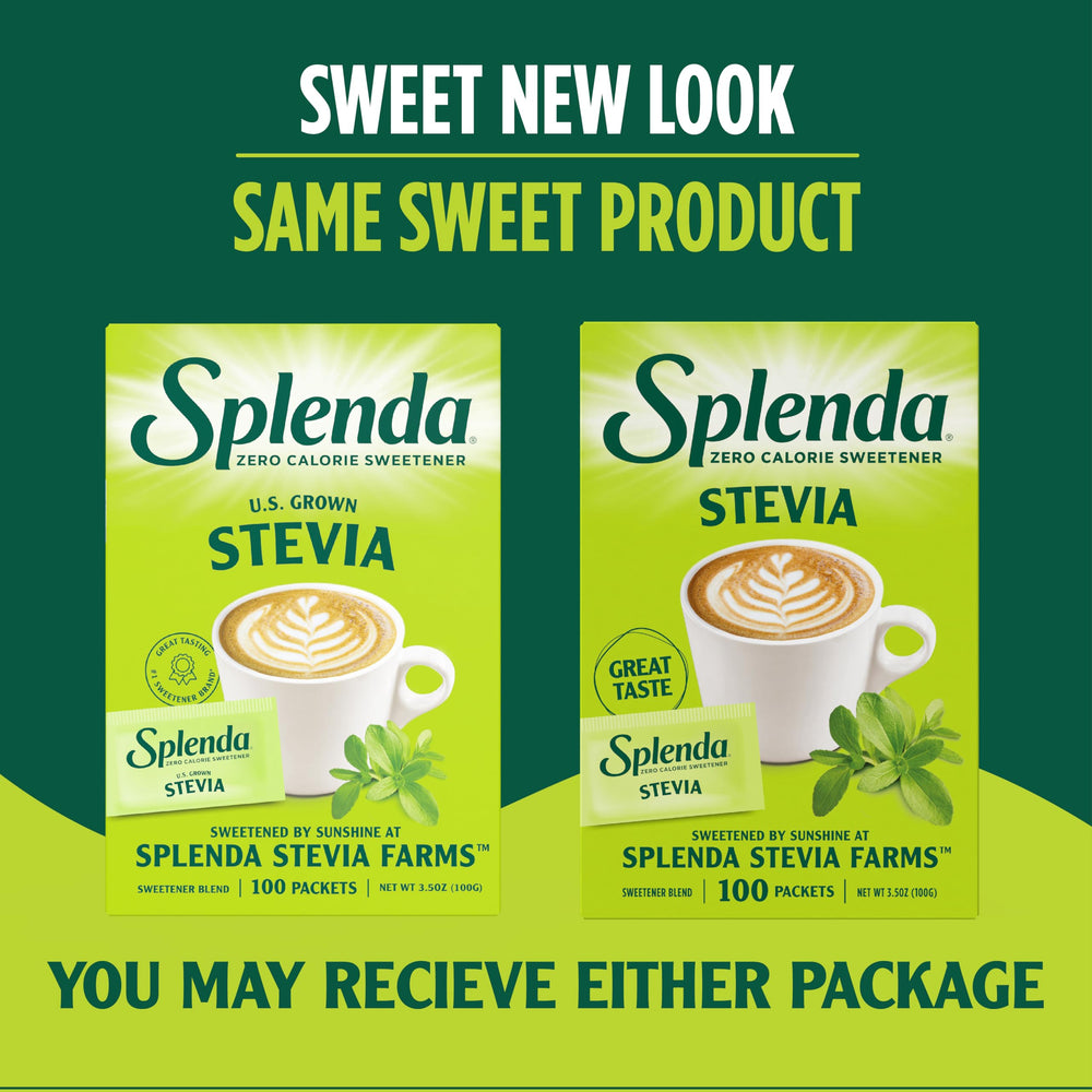 SPLENDA Stevia packets being poured into coffee for balanced sweetness.