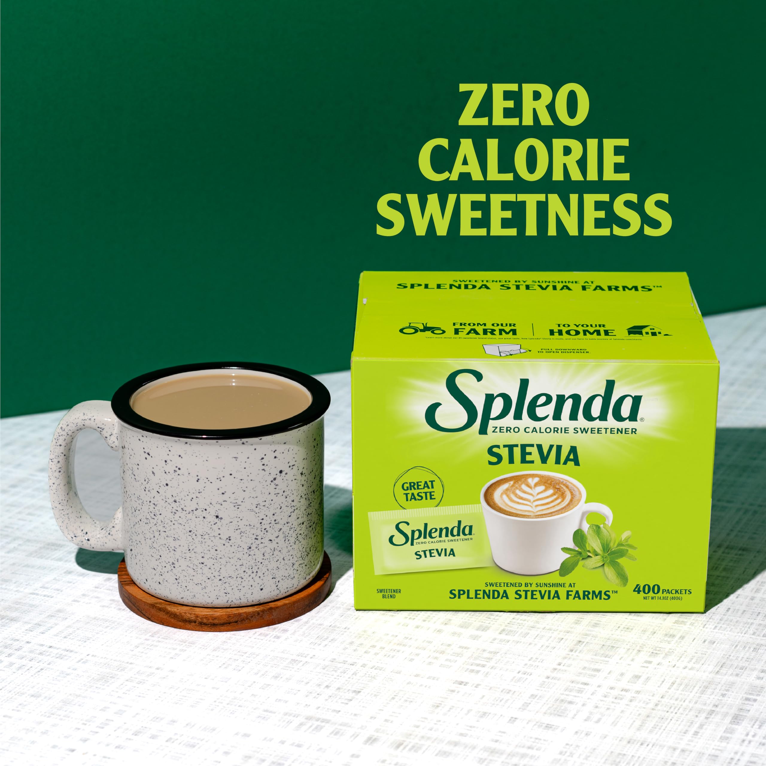 SPLENDA Stevia sweetens tea highlighting sugar substitution in beverages.
