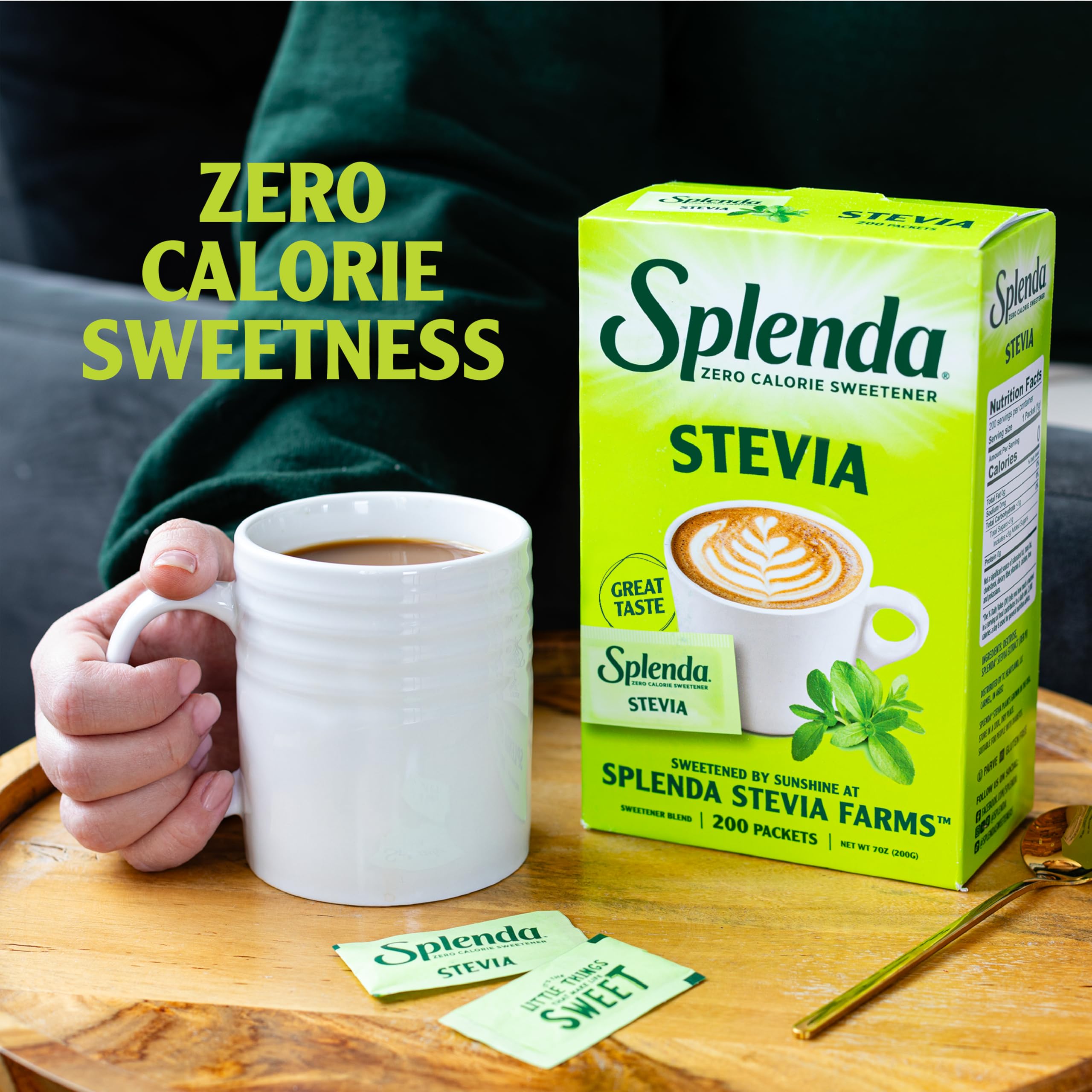 SPLENDA Stevia packets with farm-grown, US-sourced stevia origin note