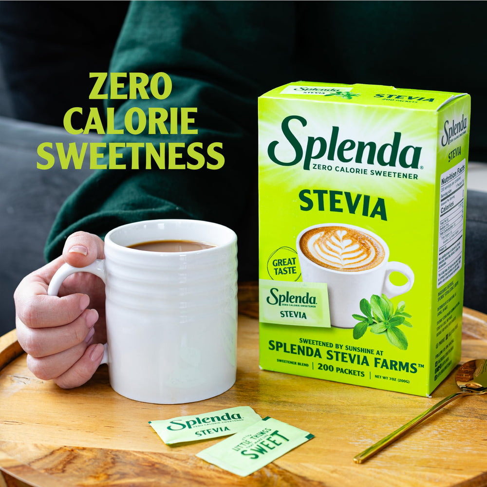 SPLENDA Stevia packets with farm-grown, US-sourced stevia origin note