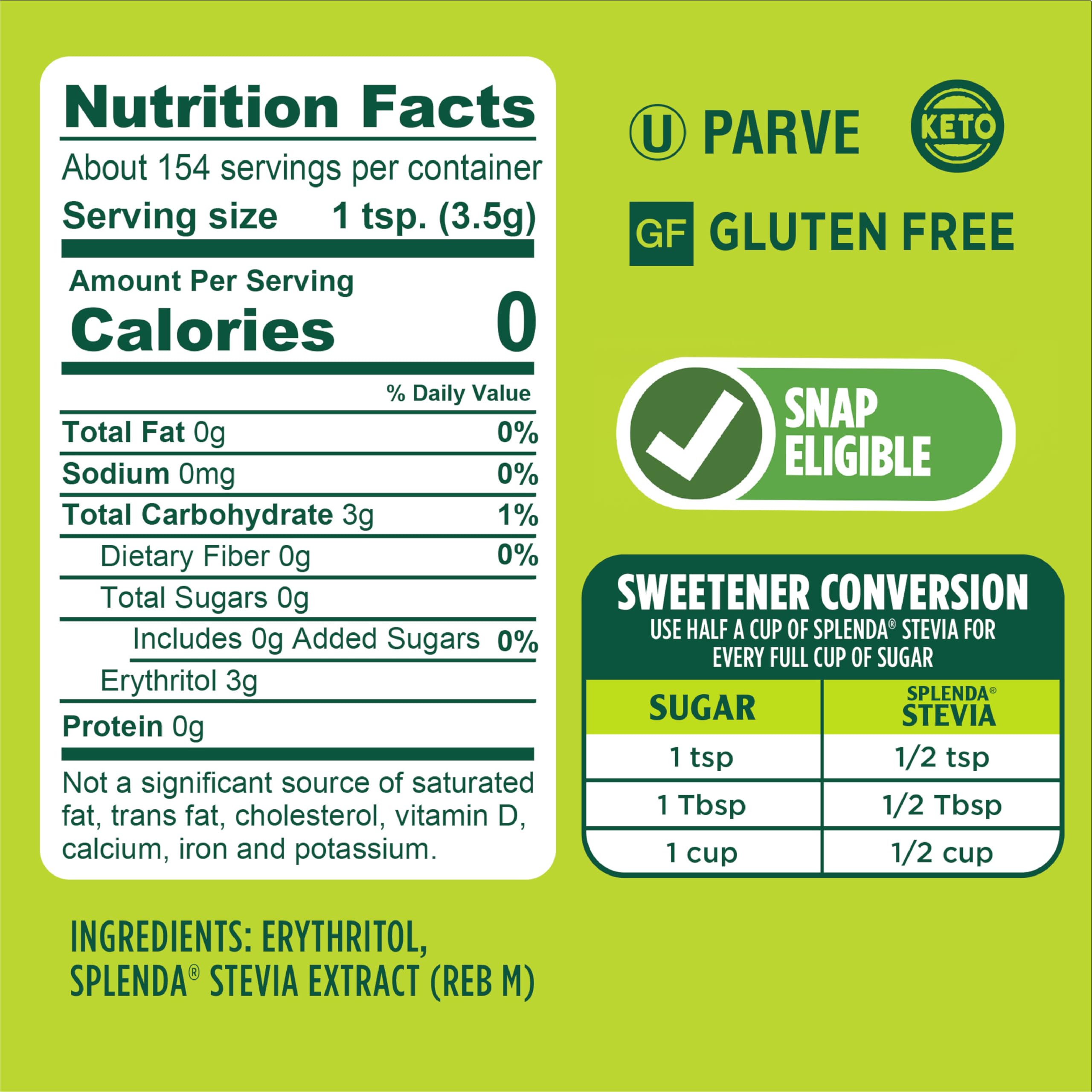 SPLENDA Stevia jar back view shows label and sustainability notes.