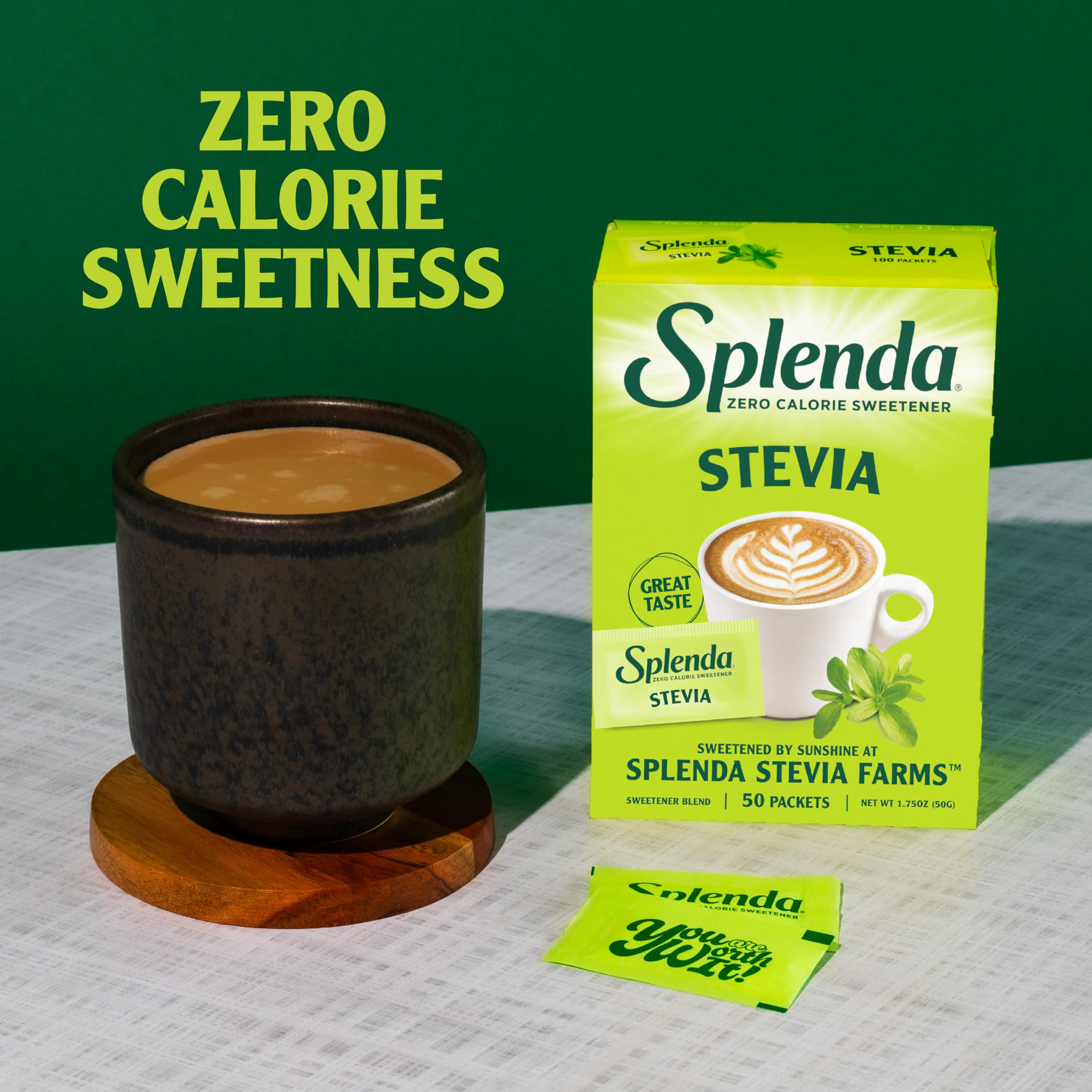 SPLENDA Stevia zero‑calorie packets on kitchen counter for everyday use.