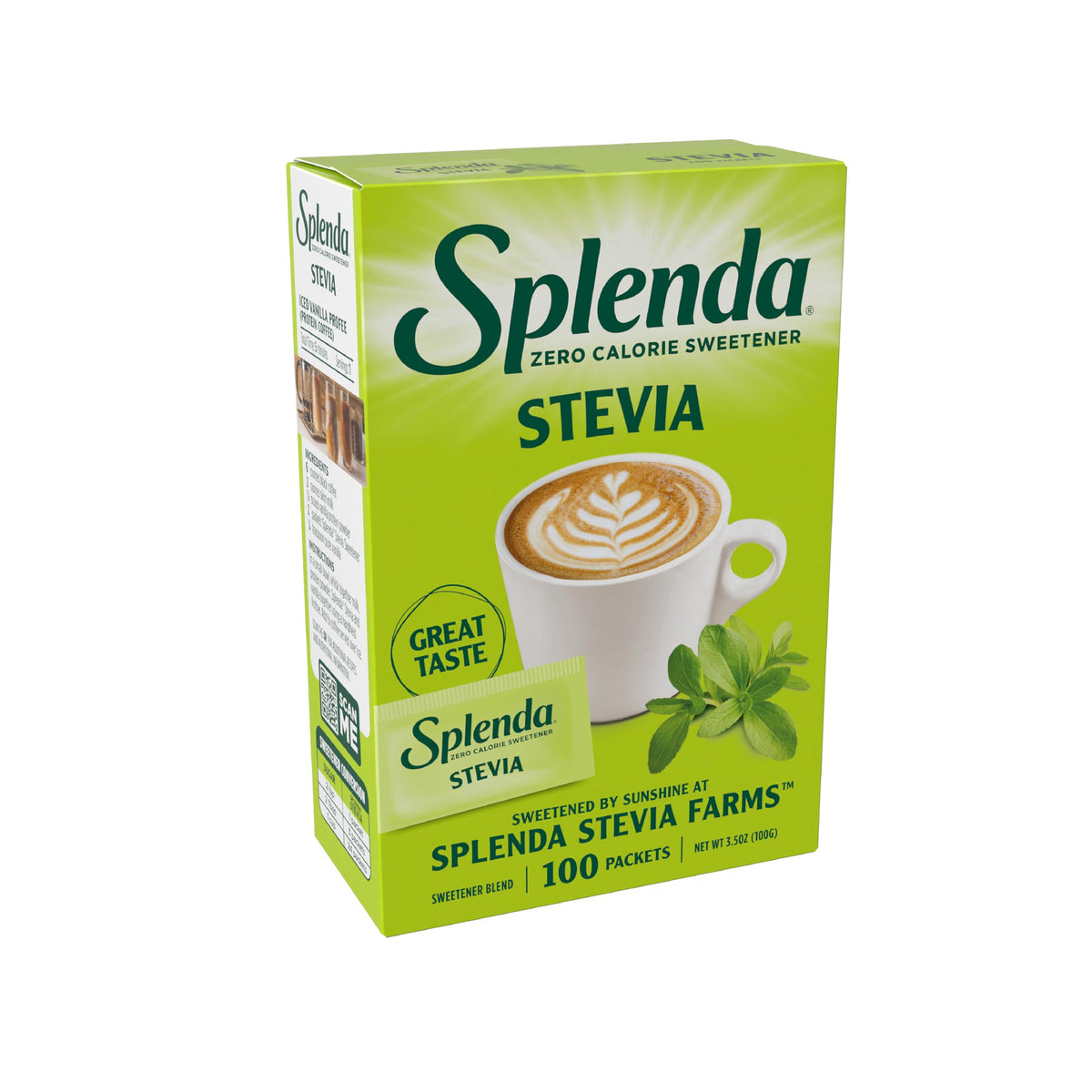 SPLENDA Stevia zero-calorie sweetener packets for quick, sugar-free sweetness in drinks.