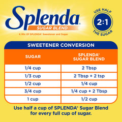 SPLENDA Sugar Blend displayed with a half cup measure illustrating the 2 to 1 ratio
