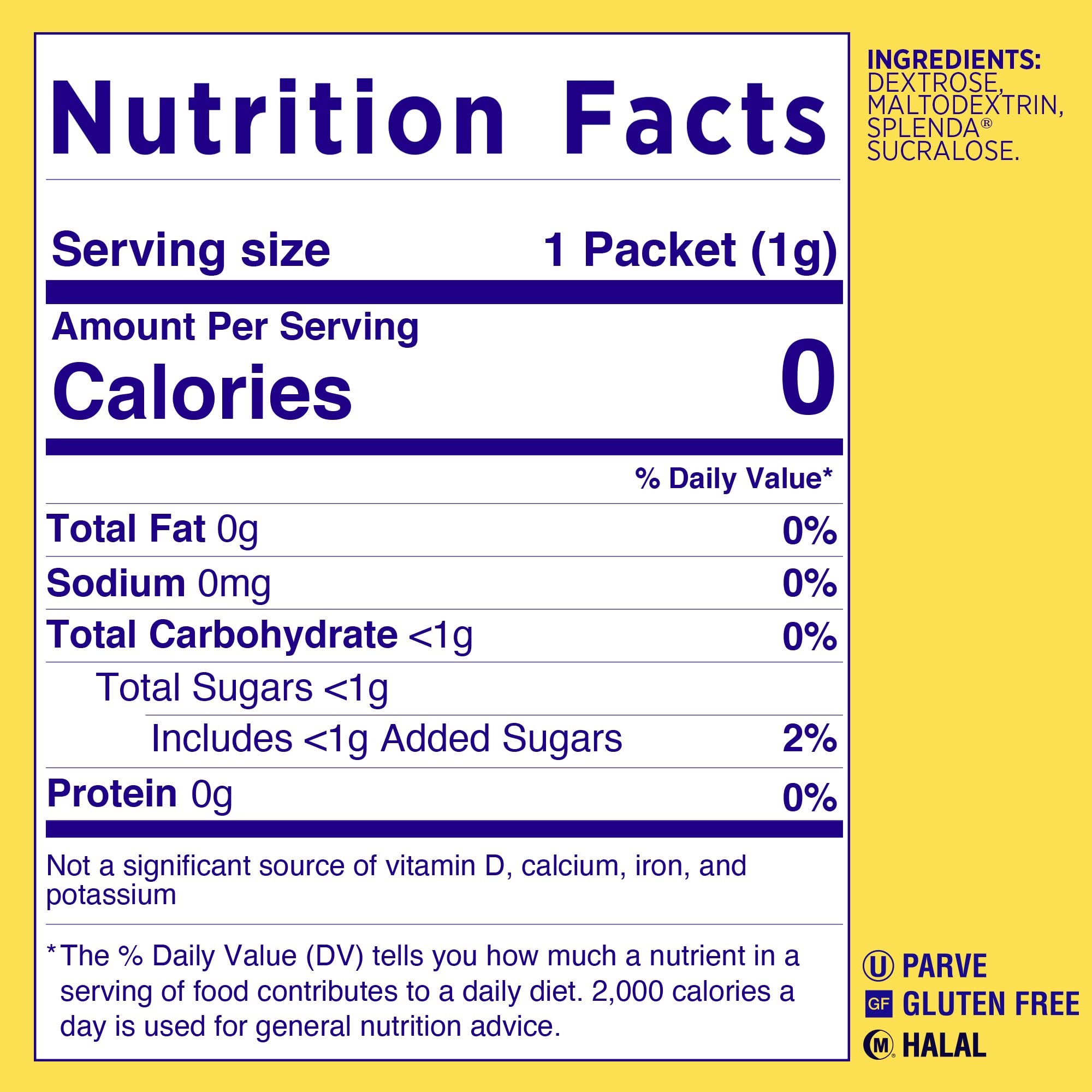 Dispensing Splenda packets, a zero-calorie option for hot and cold drinks.