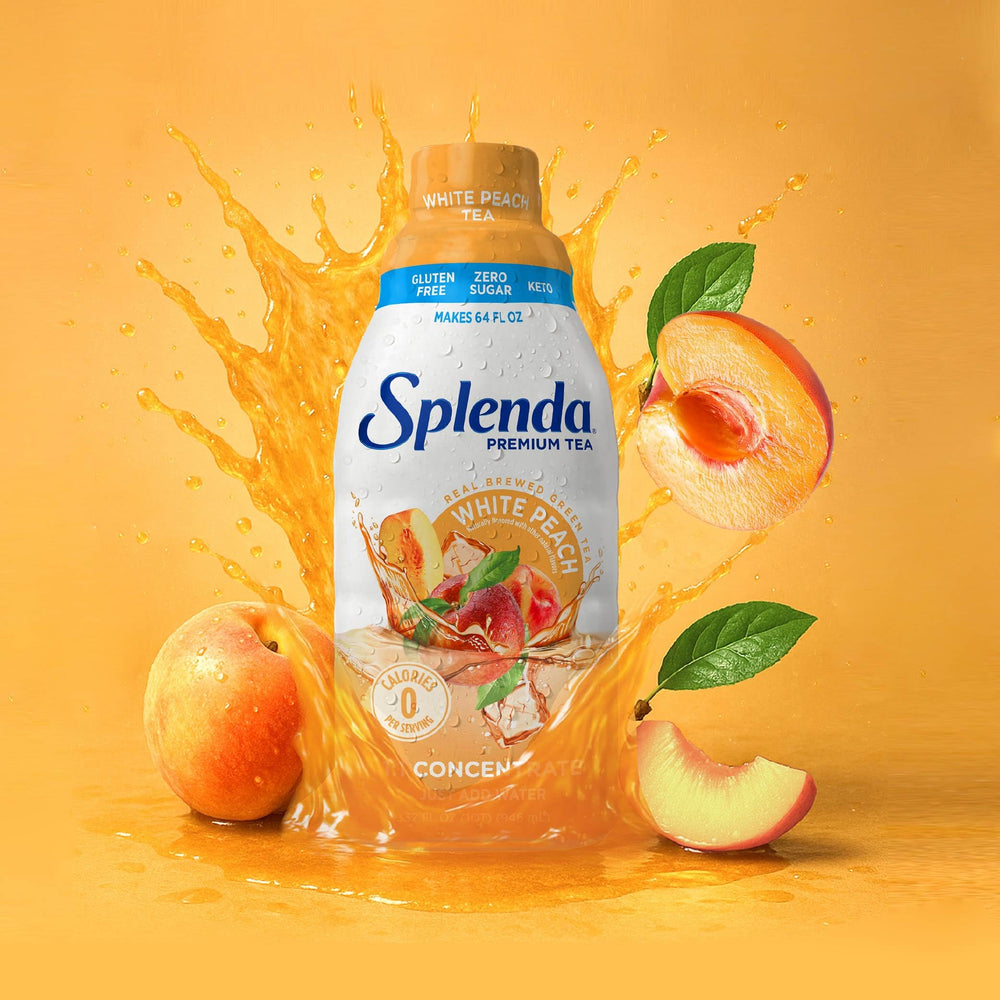 SPLENDA White Peach Tea label closeup highlighting zero sugar
