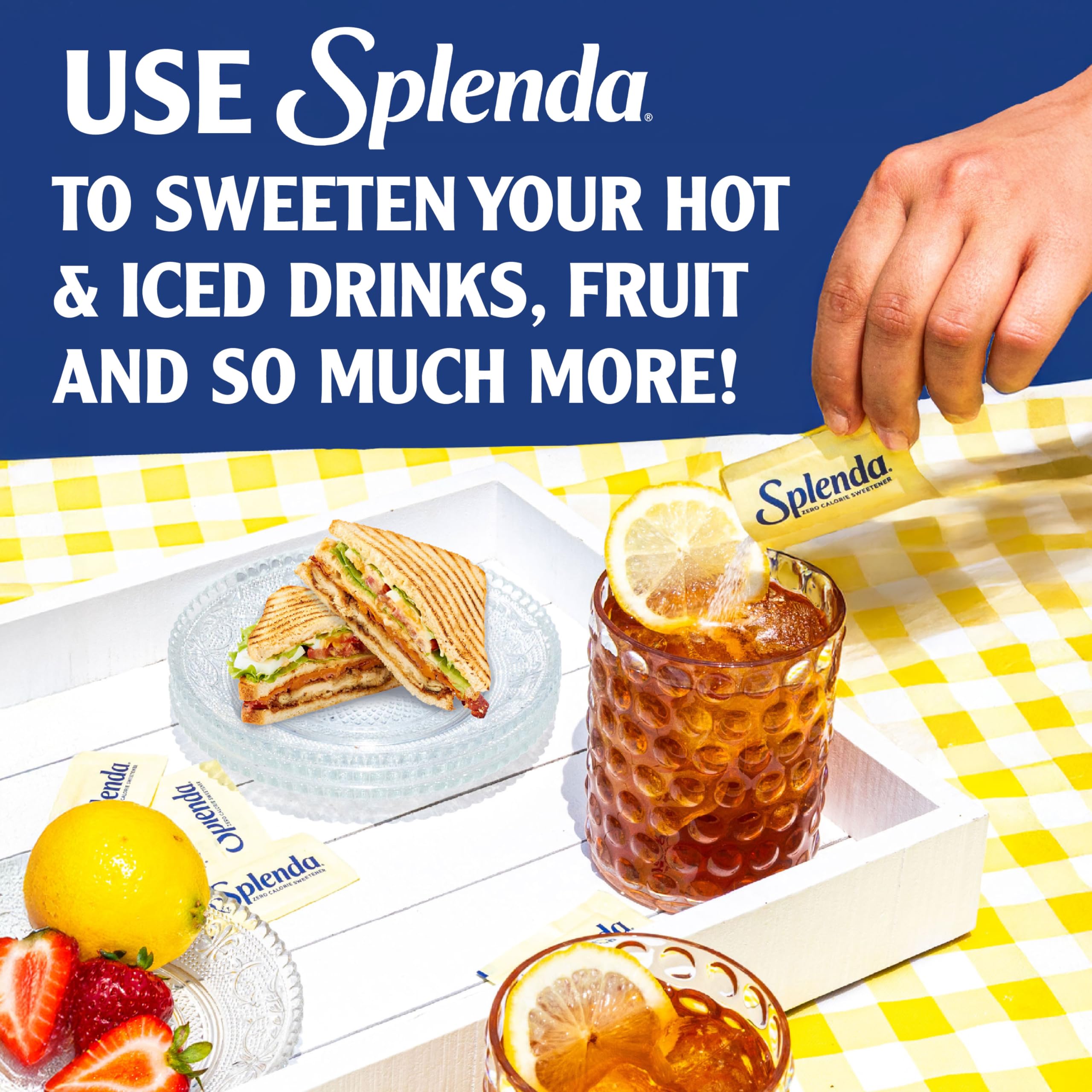 SPLENDA Zero Calorie packets beside a steaming coffee cup for morning use.