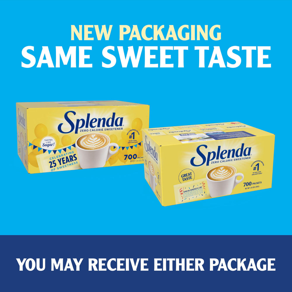 SPLENDA Zero Calorie packets with spoon and mug for portable sweetness.