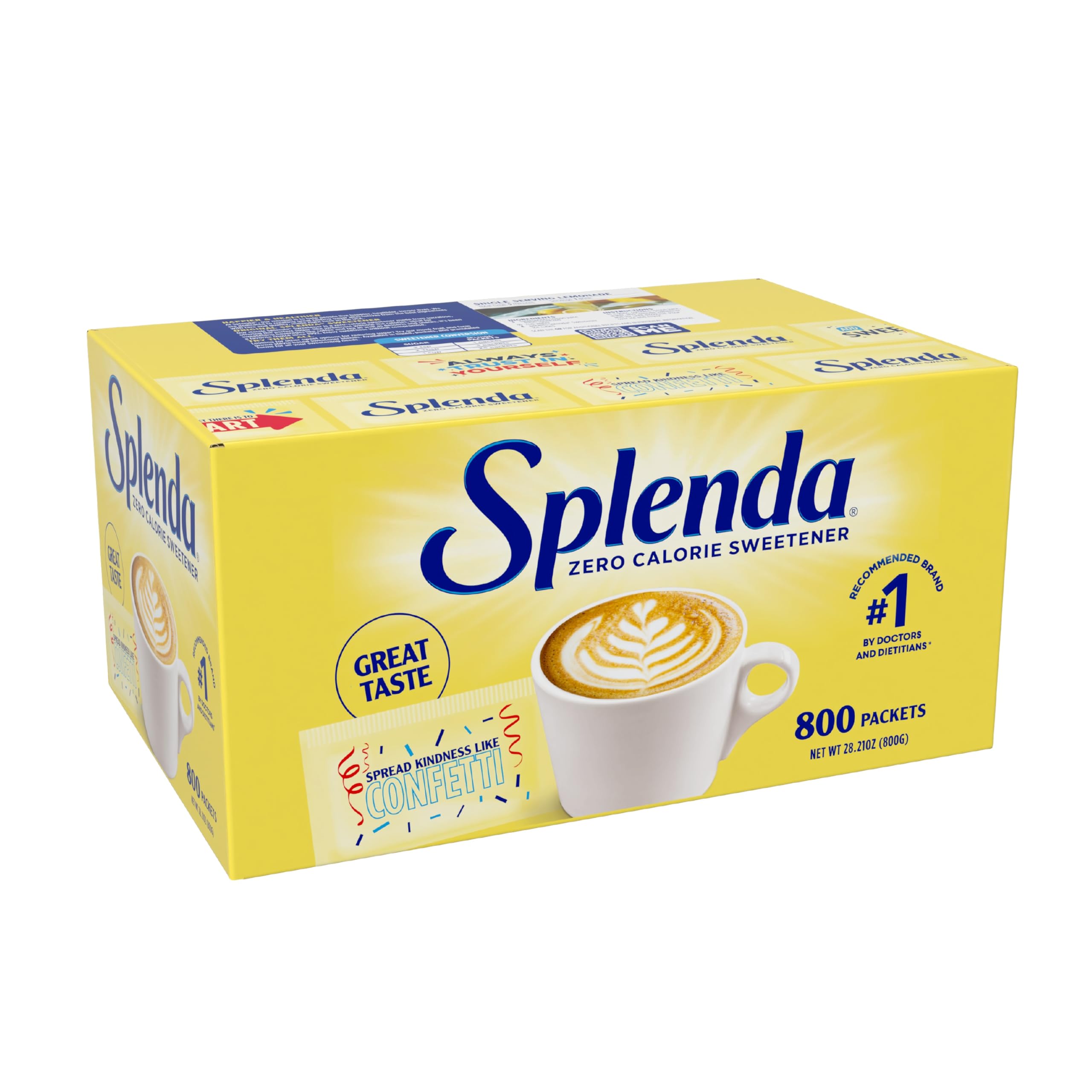 SPLENDA zero calorie packets box ready for sugar substitution in beverages.