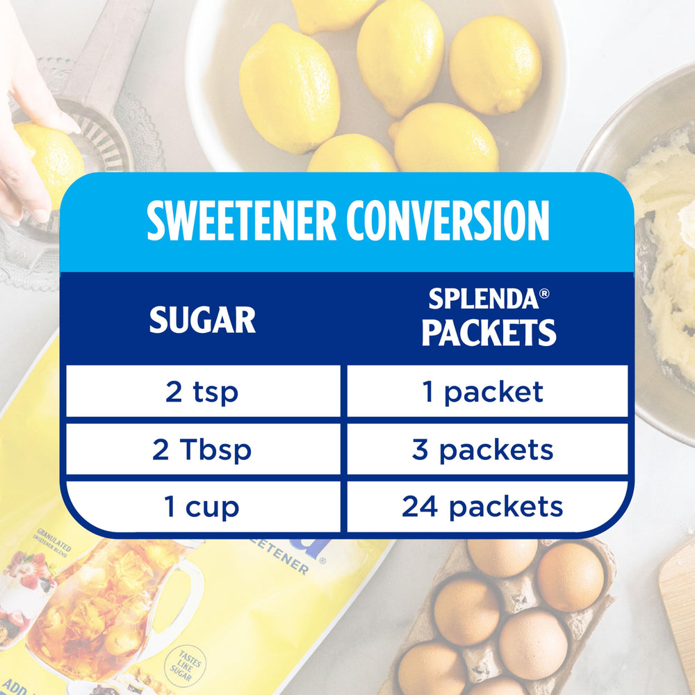 SPLENDA packets spread on kitchen surface, ready for baking and flavoring.