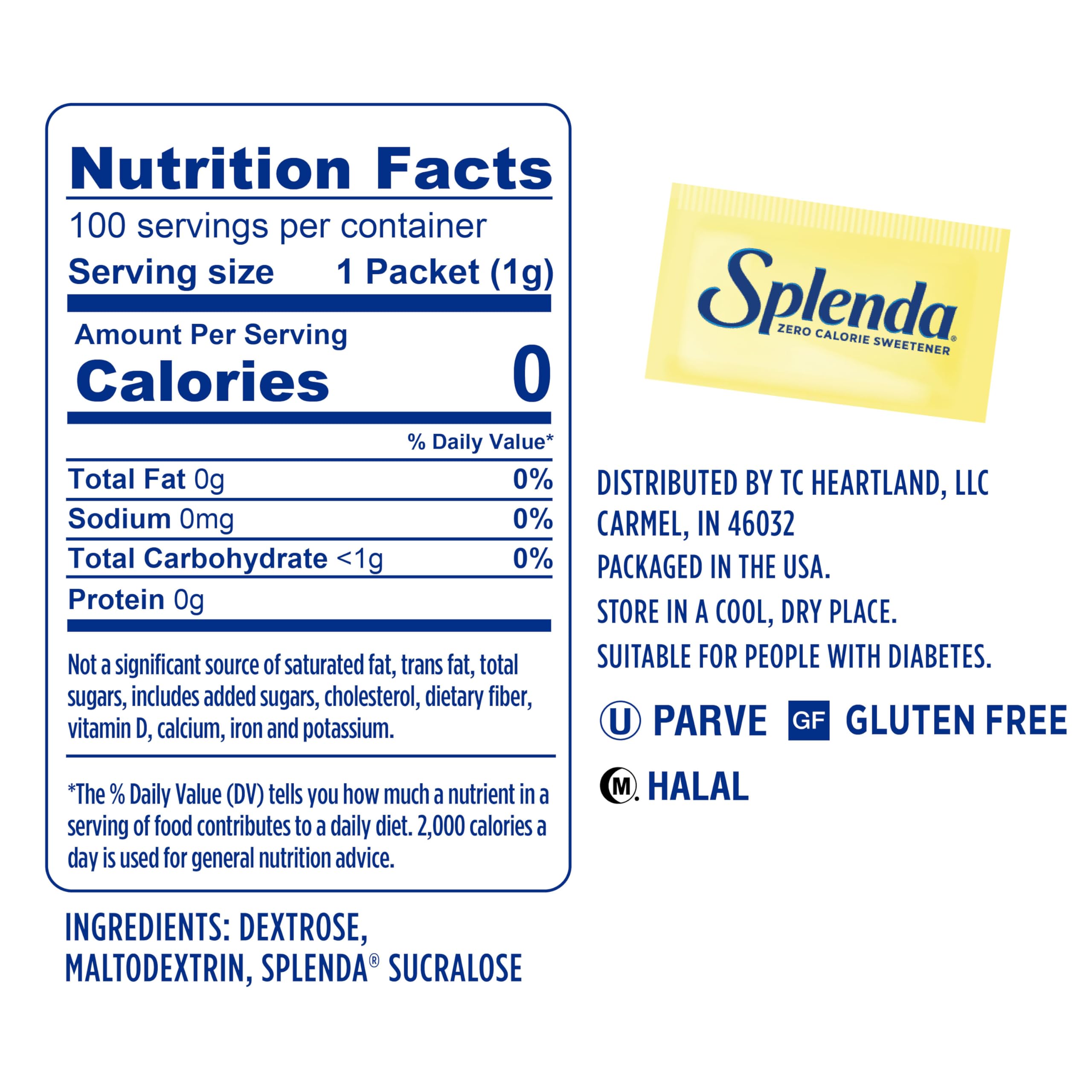 SPLENDA zero calorie packets in a cup of coffee, balanced sweetness without sugar.