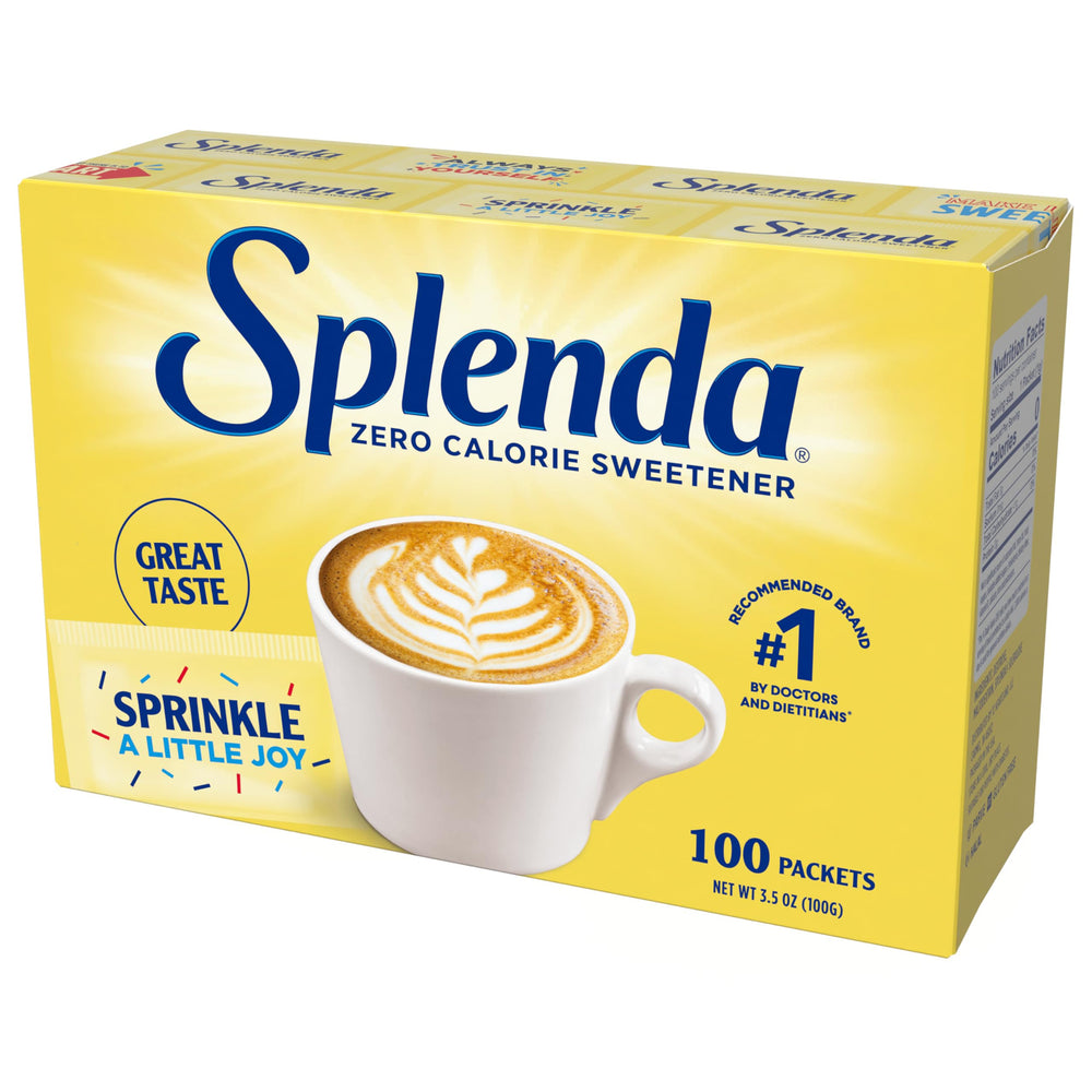 SPLENDA zero calorie sweetener packets front view, convenient sugar substitute for coffee.