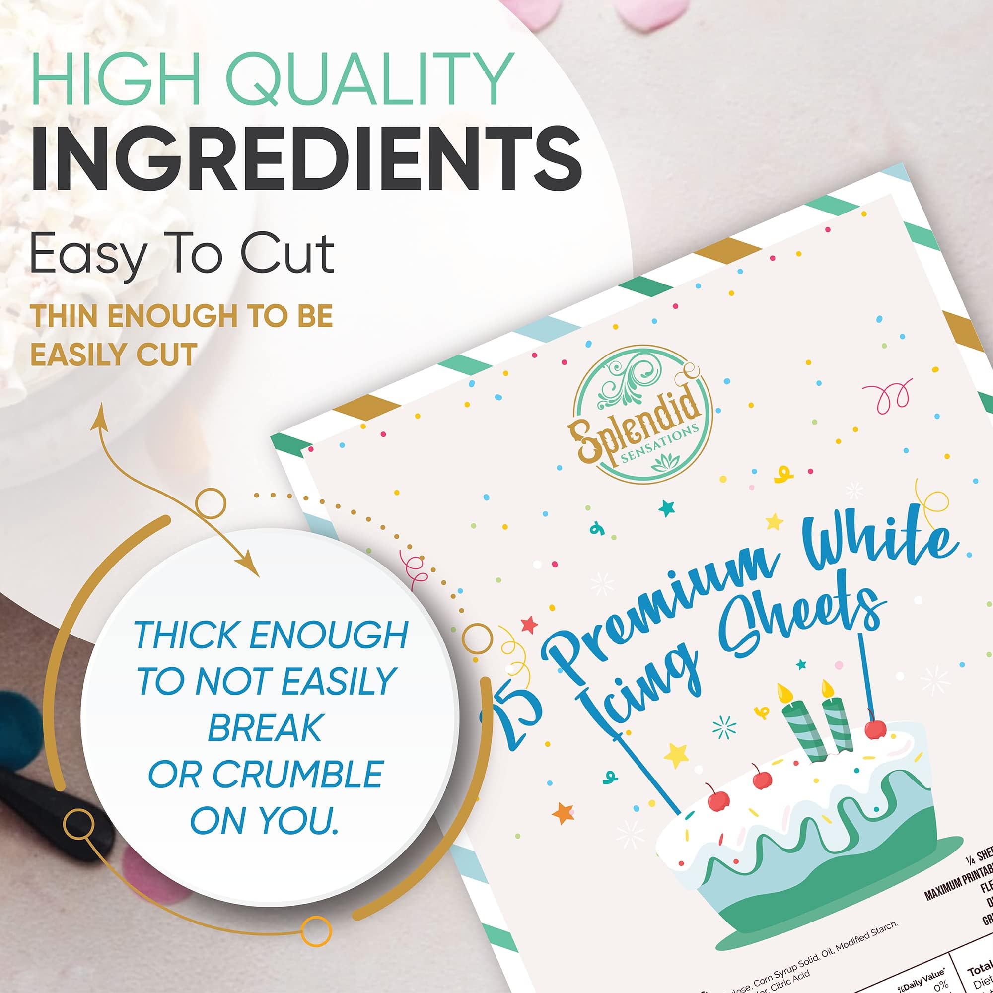 Vibrant inks stay vivid on edible sheets until serving.