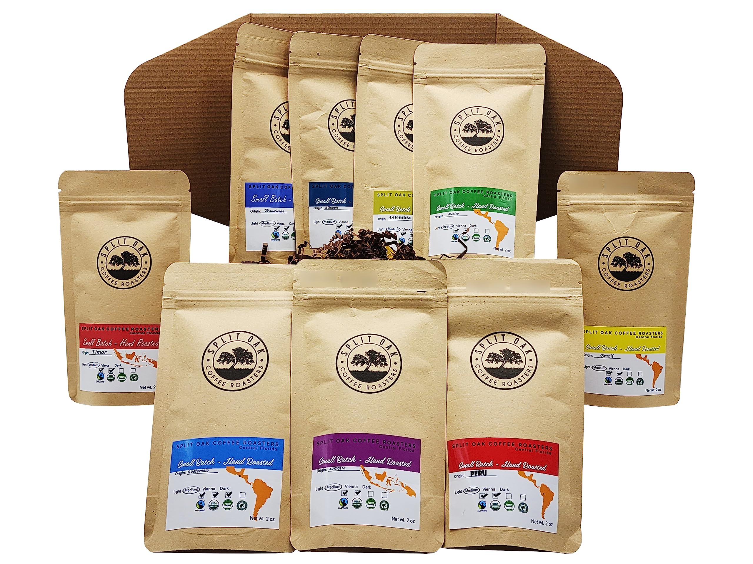 Split Oak Coffee Roasters 9-pack gift box offers aromatic whole beans perfect for sharing.