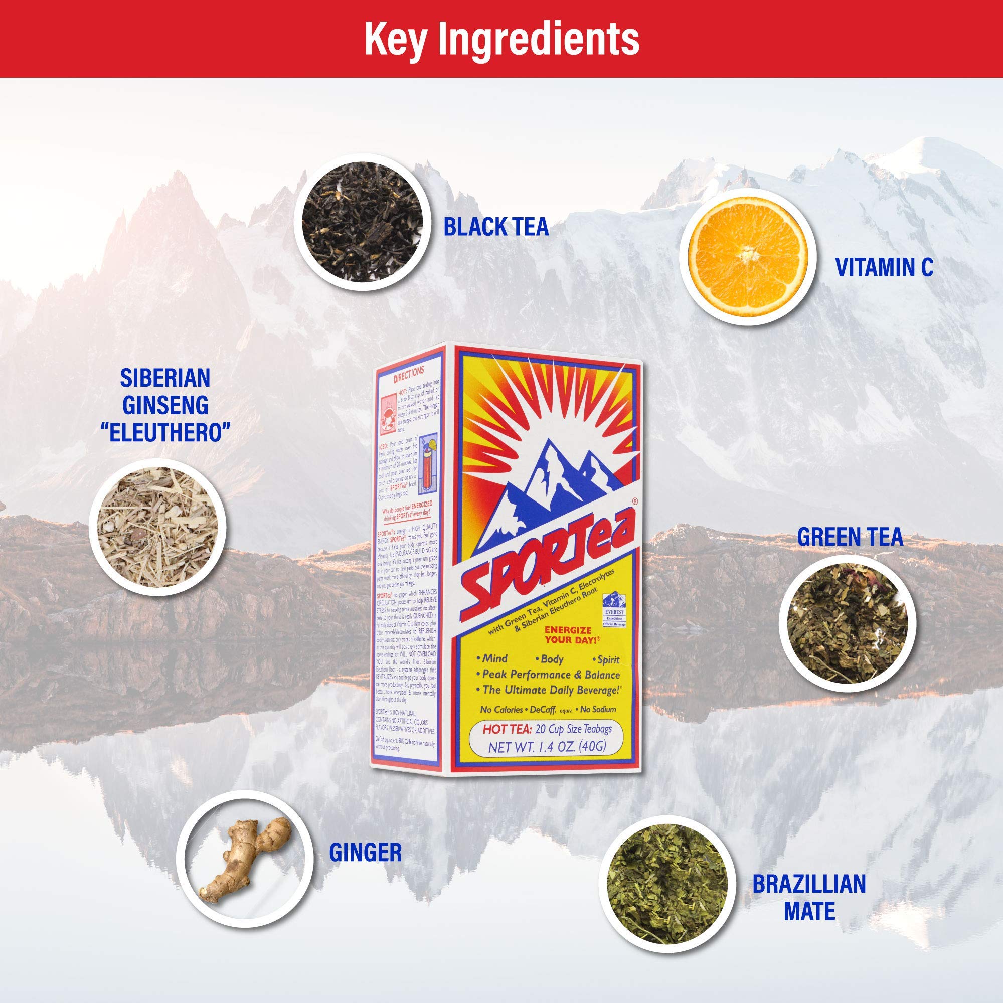 Sporttea Hot decaf label highlights zero calories and caffeine-free option.