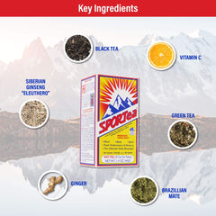 Sporttea Hot decaf label highlights zero calories and caffeine-free option.