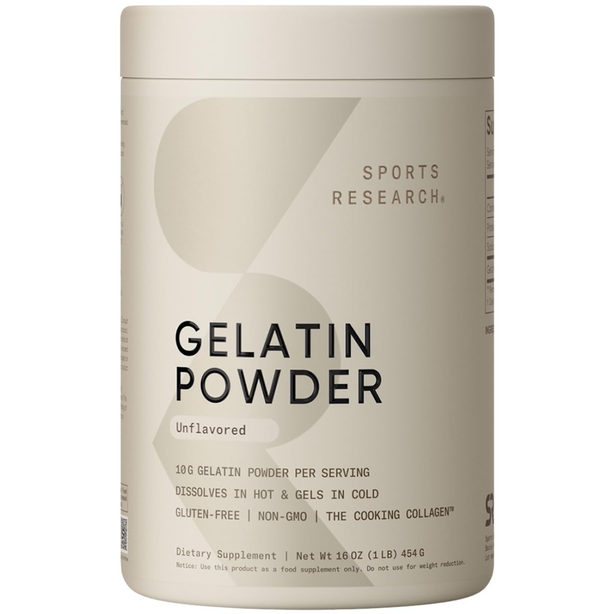 Sports Research Gelatin Collagen powder scoop highlighting protein-rich formula for cooking and baking.