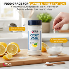 SPQR Seasonings citric acid packaging on shelf—brand trusted for baking and cleaning.