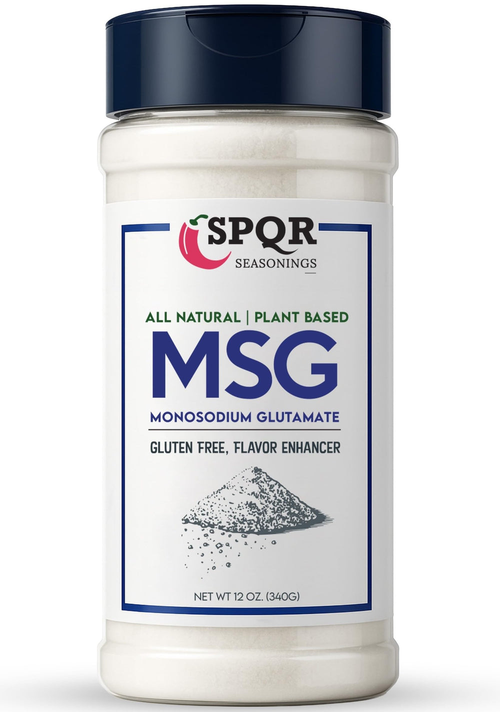 SPQR Seasonings MSG bottle label close-up highlighting premium umami boost for soups.