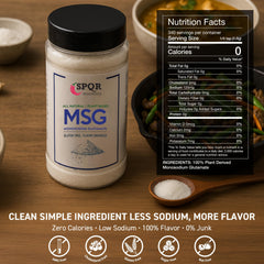SPQR Seasonings MSG bottle being poured, ready to flavor stir-fries and gravies.