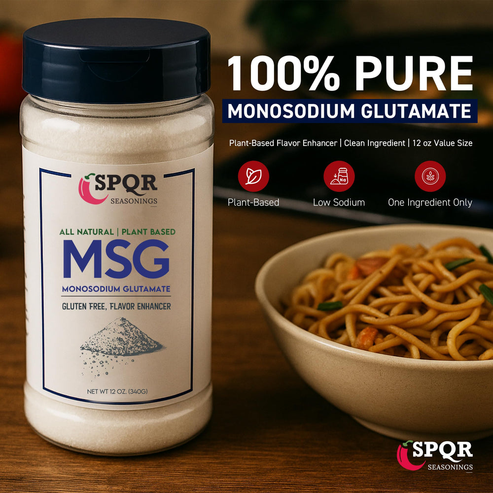 SPQR Seasonings MSG container front view with secure cap for freshness.